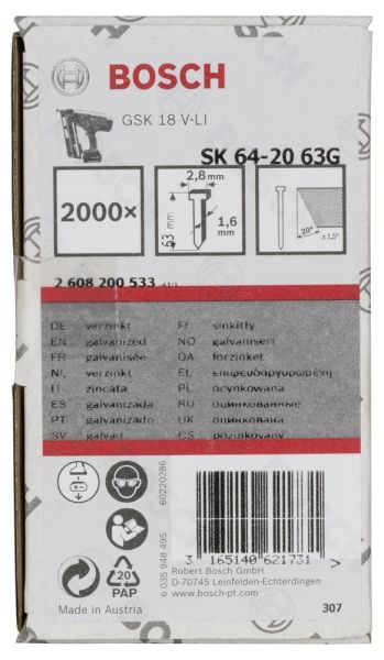 Bosch - Başsız Çivi 20ᵒ 63 mm Galvanizli 2000li